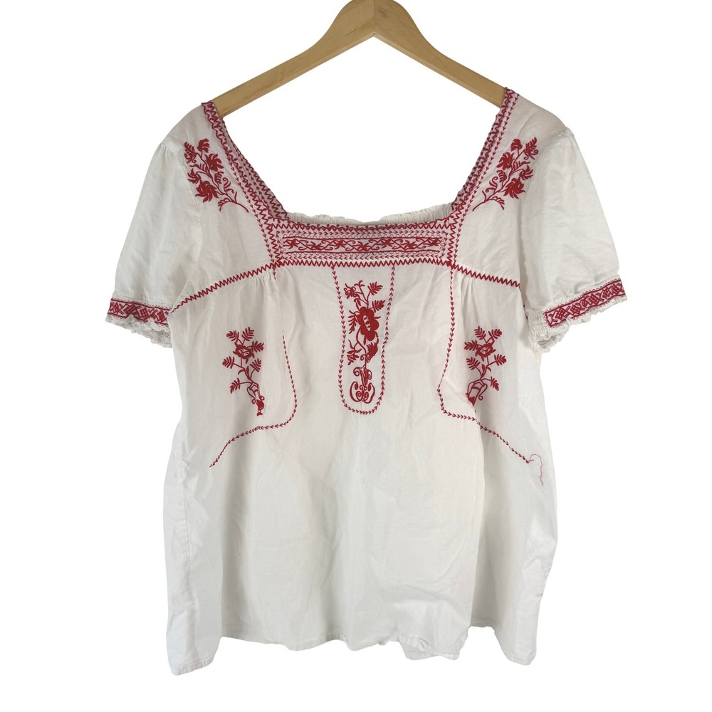 Torrid White Red‎ Embroidered Cotton Peasant Top Plus Size 1 Square Neck Boho